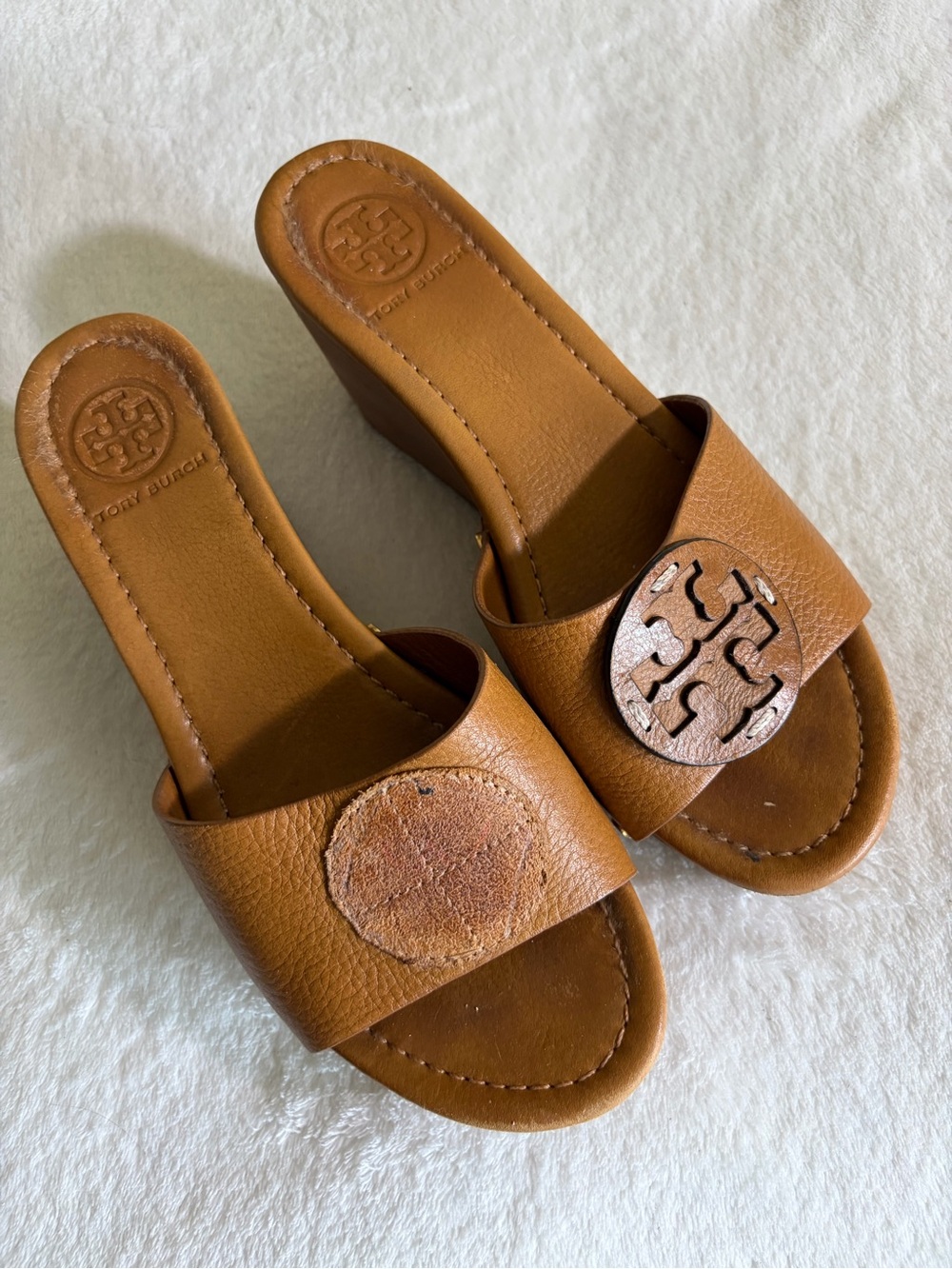 Tory Burch Cognac Brown Leather Logo Slide Mules
